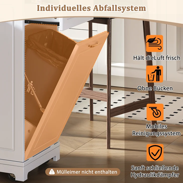 Kücheninsel mit Rollen,Ausziehbarer Essbereich Kücheninsel mit Multifunktionsschubladen und Abfallbehälterfach Mobile Kücheninsel Ideal für Küche und Esszimmer,Weiß, – Bild 7