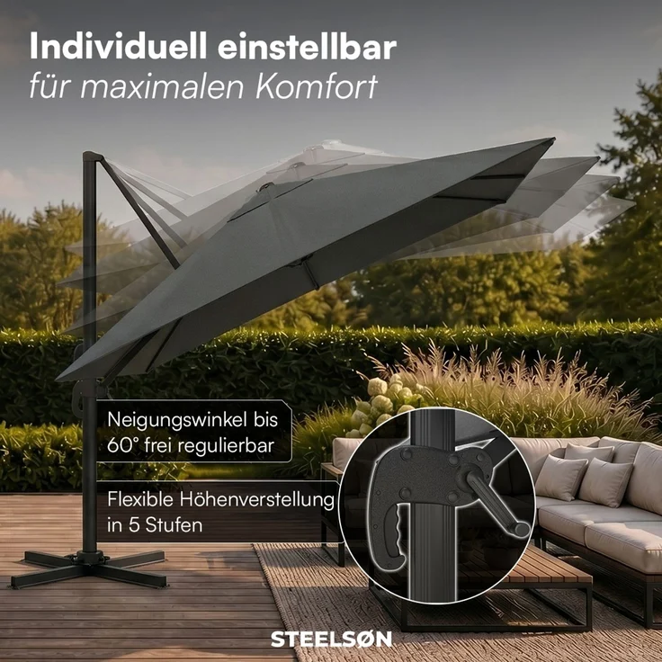 STEELSØN 'Elaris' Premium Sonnenschirm 300x300 cm quadratisch, neigbar und 360-Grad drehbar, anthrazit, Ampelschirm inkl. Hülle, extrem robuste Metall-Stange, 220 g/m² Polyester, UV50+ – Bild 6