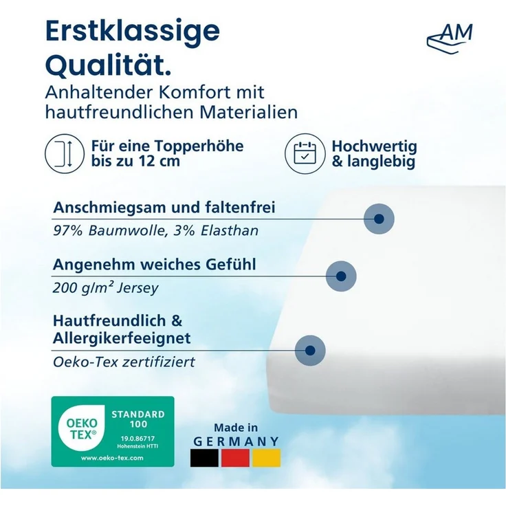 AM Qualitätsmatratzen Spannbettlaken Baumwolle in weiß, Bettlaken für Topper, Made in Germany, Baumwolle, Gummizug: rundum, (1 Stück), 90x200x12 – Bild 2