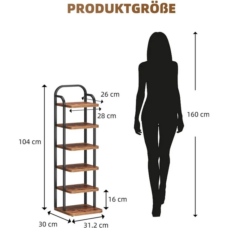 YOLEO Schuhregal Vertikales Schuhregal schmal Metall Platzsparend Vintagebraun-Schwarz, 6 Ebenen – Bild 2