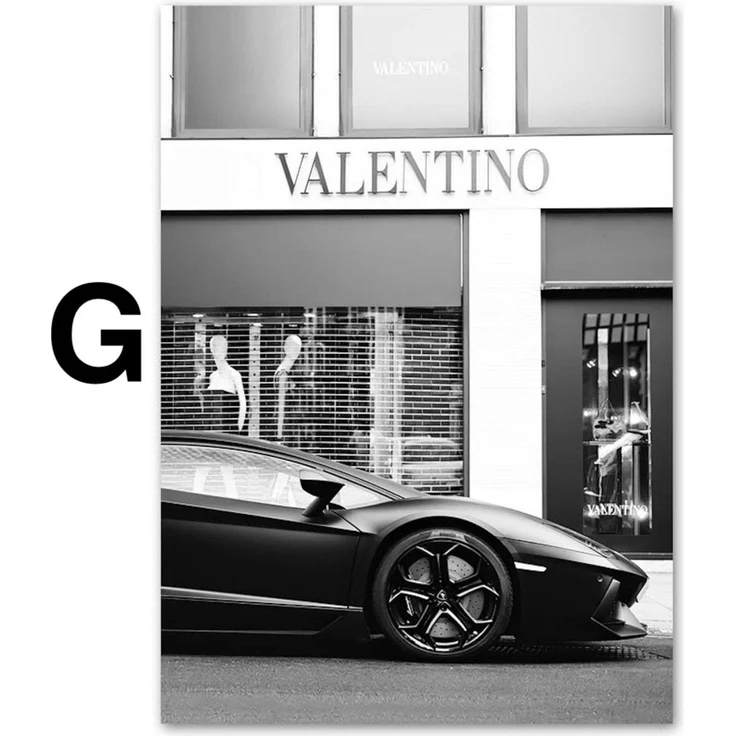 Poster Schwarz Weiß Luxus Geschäfte und Fahrzeuge als Deko Print ohne Rahmen - G / 50 x 70 cm