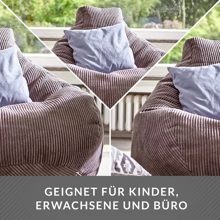 Green Bean® Sitzsack mit Rückenlehne 80x80x90cm - Gaming Chair mit 230L Füllung Cordstoff - Bean Bag Bodenkissen Lounge Sitzhocker Relax-Sessel Gamer Gamingstuhl Dunkelgrau – Bild 3
