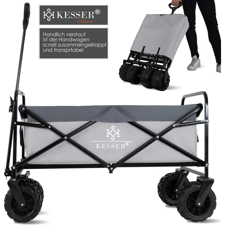 KESSER® Bollerwagen faltbar mit Breite Reifen Handwagen Transportkarre Gerätewagen | inkl. 2 Netztaschen | klappbar | Kunststoff-Reifen | bis 150 kg Tragkraft transportwagen Gartenanhänger Grau – Bild 3