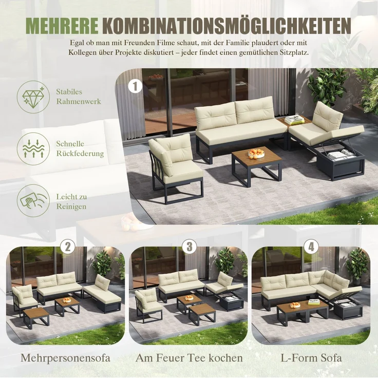 Gartenlounge-Set, Polyester mit Liegefunktion & Stauraum, 191,5x191,5x79 cm, Beige – Bild 5