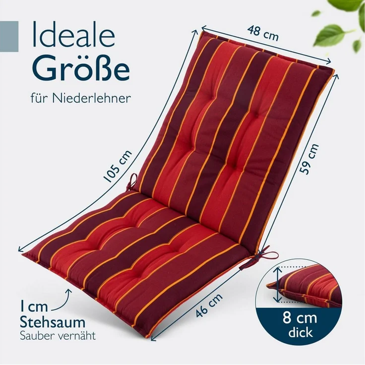 Beautissu Sitzauflage 2er Set Niedriglehner Auflage Sun-NL 100 x 50 x 8 cm Rot-Gestreift, 8cm Dicke Gartenstuhlauflage mit Befestigung UV-Lichtechtheit 5 – Bild 2