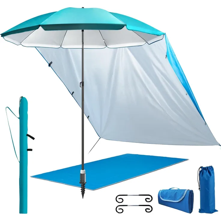 4smile Sonnenschirm, 5er-Set, Türkis, Ø 180 cm, praktischer Sonnenschirm Strand, Stabiler Strandschirm, Schirmständer Erdspieß, Sonnensegel Strand, kompakte Stranddecke, Sonnenschirm Schutzhülle