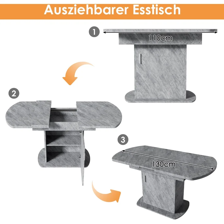 Ausziehbarer ovaler Esstisch, L110/130*W70*H75cm,Esstisch mit Stauraum, Kaffee-Freizeittisch, moderner minimalistischer Esstisch, platzsparender multifunktionaler Esstisch, Betonoptik+silberner Griff – Bild 5