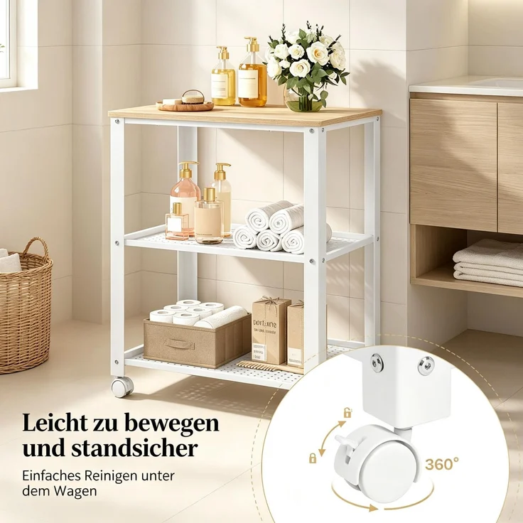 Küchenwagen 60 x 40 x 76 cm aus Metall und Holzwerkstoff, 3 Ebenen, Weiß und helle Eiche – Bild 6