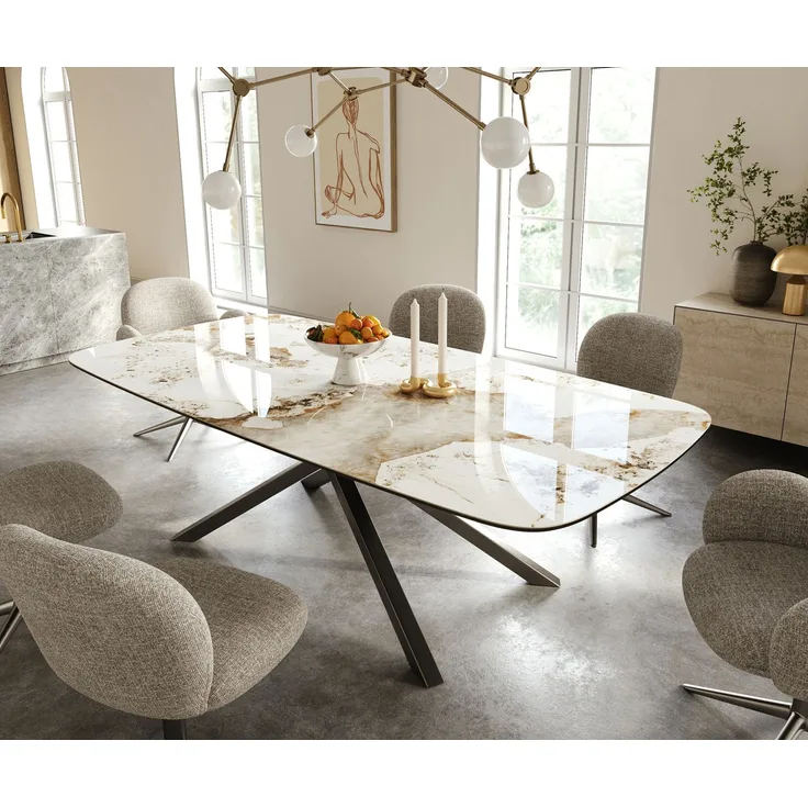 Esstisch Edge Boot 240x120 cm Keramik Minas Melange Weiß-Beige Kreuzgestell Rechteck Edelstahl Graphit