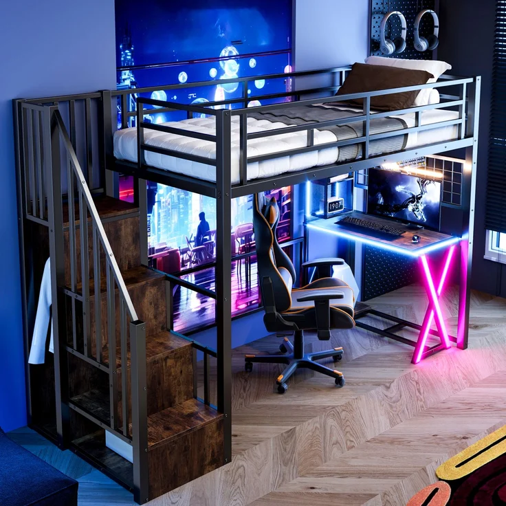 EINHOM Hochbett, 90 x 200 cm, mit LED-Leuchten, Ablageleiter, Schreibtisch, Kleiderschrank, Regale, Schwarz (Ohne Matratze) – Bild 3