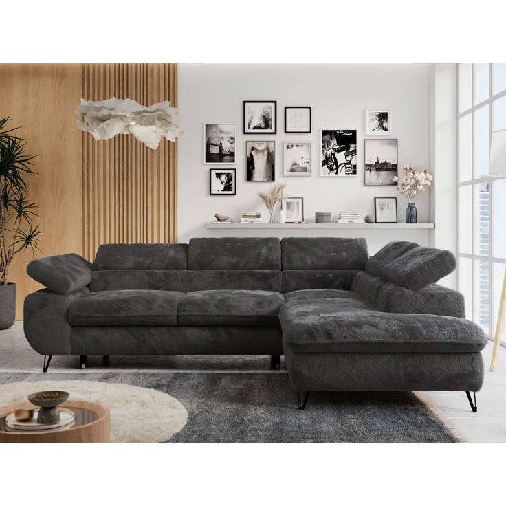 Ecksofa mit Bettfunktion, Modern Sofa, L-form, Einstellbare Kopfstützen, Bettkasten - PETER - Dunkelgrau Plüsch - rechts – Bild 1