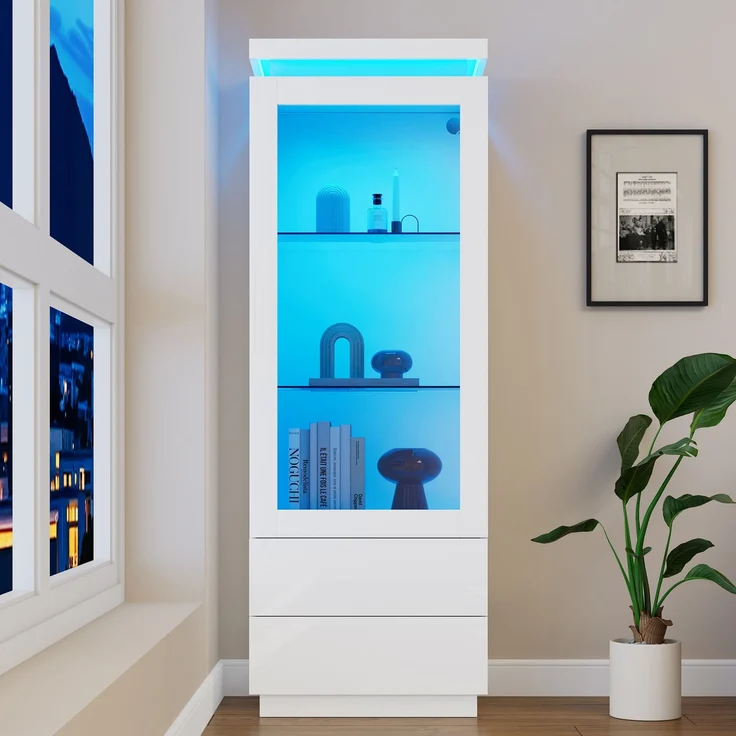 DESVIAE Vitrine mit 2 Schubladen und LED-Beleuchtung 60x171x40 cm Spanplatte Weiß – Bild 3