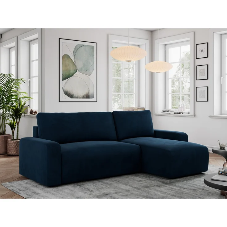 Ecksofa L-form, mit Schlaffunktion und Bettkasten - ARGOS, Dunkelblau, Velours – Bild 1