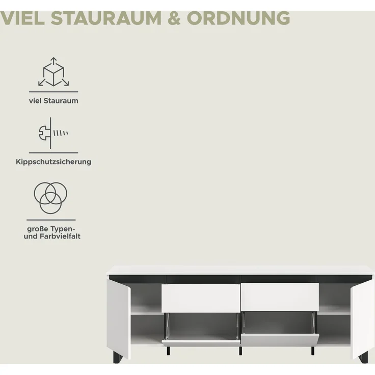 Lowboard B/H/T: 188x65x36 cm in weiß Melamin und schwarz – Bild 8