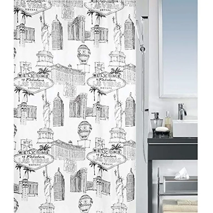 spirella Duschvorhang VEGAS Breite 120 cm, Premium Textil-Duschvorhang, 100% Polyester, Made in Europe, wasserabweisend, Anti-Schimmel-Effekt, waschbar 30°, Trend Motiv Las Vegas, Farbe weiß/schwarz, Größe 120x200 cm