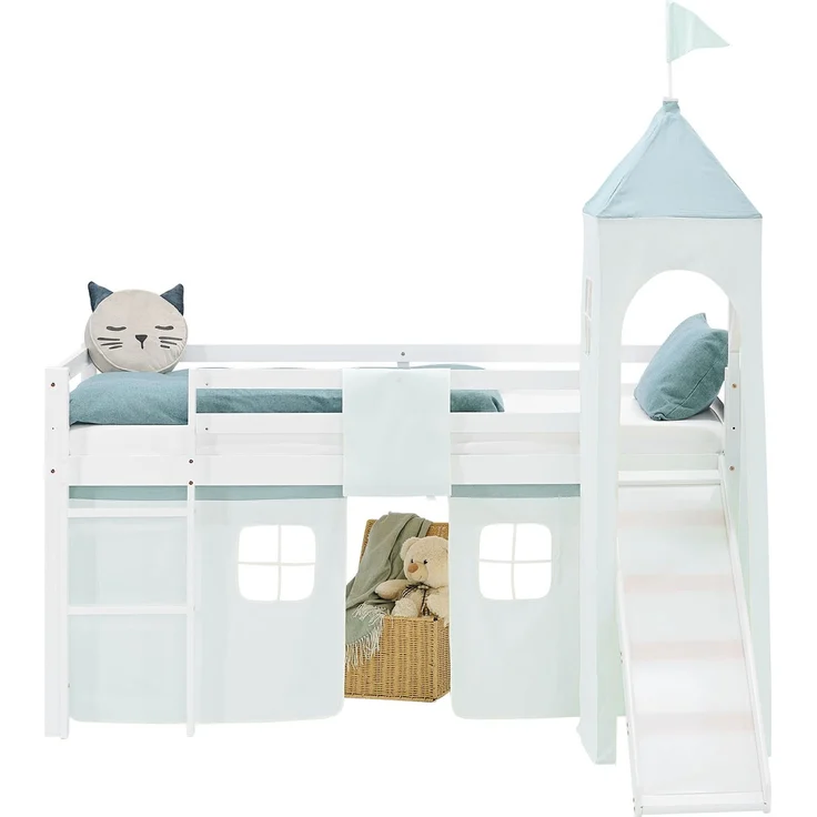 Hochbett Kinder 90x200 cm mit Rutsche Kinderbett Kinderhochbett Stockbett Vorhang Turm Grün Mintgrün – Bild 3
