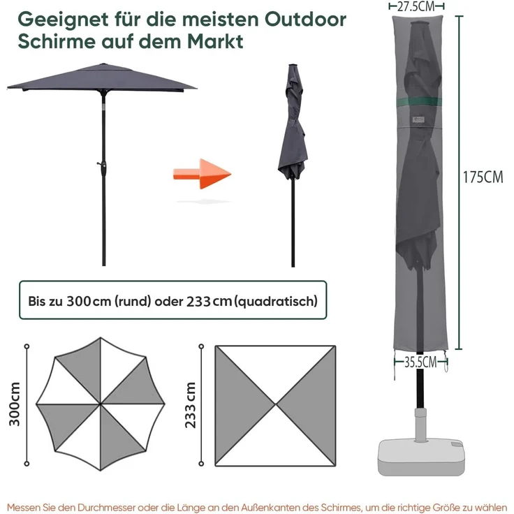 Sekey Sonnenschirm Schutzhülle mit Stab, Abdeckhauben für Ø 300 cm Gartenschirm mit Belüftungsöffnungen, Abdeckung für Marktschirm / Balkonschirm, 100% Polyester, wasserdicht, Dunkelgrau. – Bild 2
