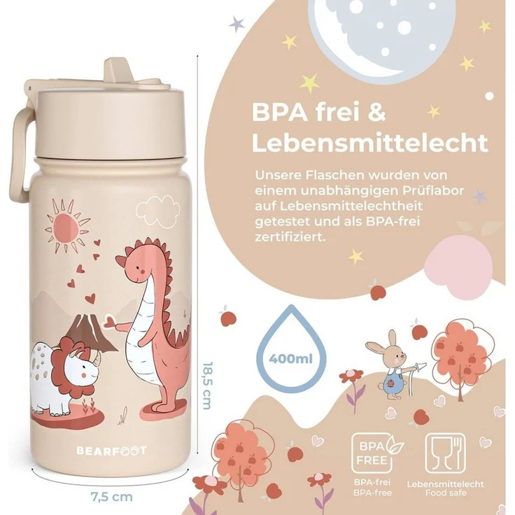 BEARFOOT Trinkflasche Thermo Kinder Trinkflasche Edelstahl - Dinos braun, Thermosflasche, auslaufsicher, Edelstahl, Kinderflasche, BPA-frei – Bild 3