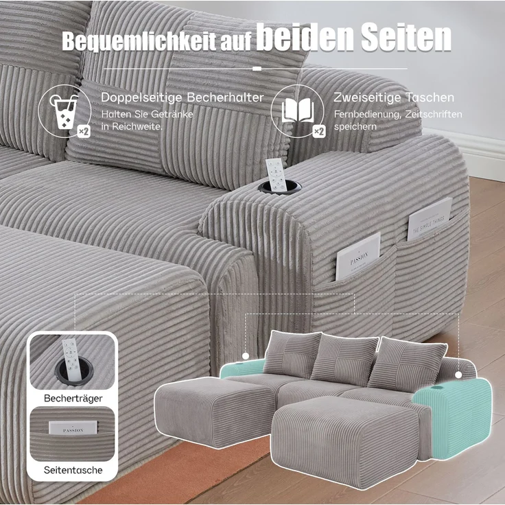 DESVIAE Sofa modular mit Getränkehalter und Seitentasche 268x80x174 cm Cord Hellgrau – Bild 5