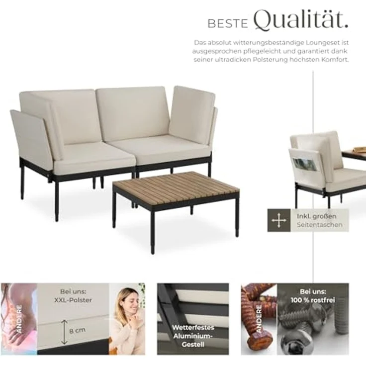 tectake Gartenlounge-Set Aluminium Gartenlounge-Set, (Set, 3-tlg), Kompakter Couchtisch mit Lamellen in natürlichem Holzlook – Bild 3