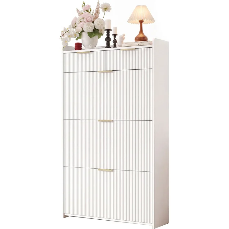 ZUBALIYA Schuhschrank (80 x 25 x 135 cm), 3 Klappfächer und 2 Schubladen, Aus Spanplatte, Stauraum für Flur und Eingangsbereich, Weiß – Bild 13