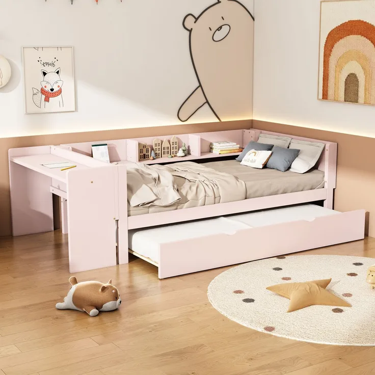 U-life Flachbett 90x200 cm Einzelbett Kinderbett Jugendbett mit Ausziehbett, Schreibtisch und 3 Regalen, Rosa