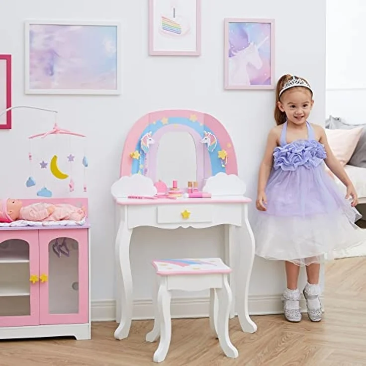Teamson Kids Fantasy Fields Little Dreamer Regenbogen Schminktisch Schminktisch mit Spiegel, Integriertem Stauraum und Stuhlhocker Für Kinder, Weiß, TD-13543F – Bild 3