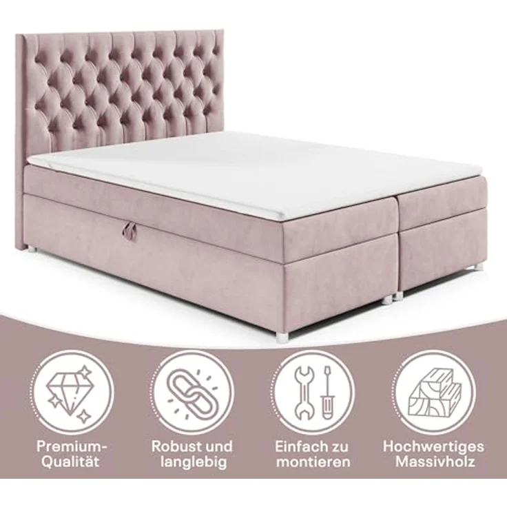 Best For Home Boxbett Trinity K-14, Rosa, 200x200 cm, Boxspringbett mit Bettkasten und 18 cm Matratzenhöhe – Bild 3
