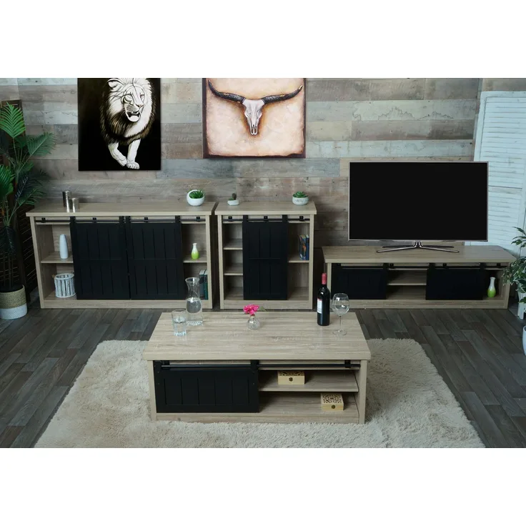 Wohnzimmerset aus TV-Rack, Sideboard, Kommode und Couchtisch HWC-K75, Schiebetür Staufächer, Industrial ~ naturfarben