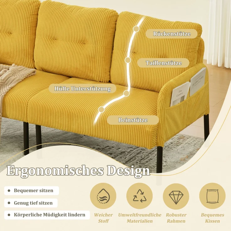 LVHOM 3-Sitzer Sofa mit Metallsockel, Polstersofa mit Seitentaschen, Loungesofa aus Cordstoff, Ergonomisches Stoffsofa, 171x72x80cm – Bild 3