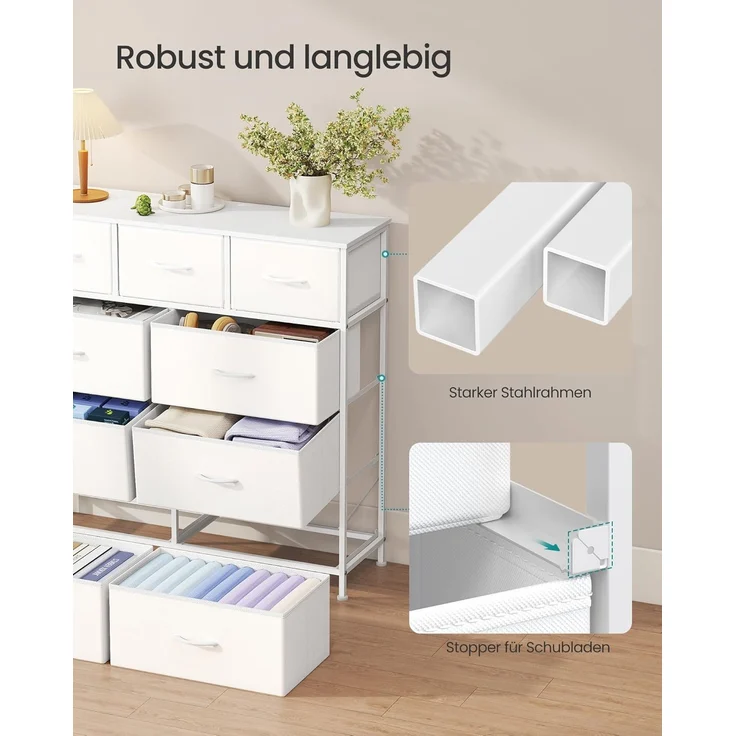 SONGMICS Kommode, Schrank, 9 Stoffschubladen, Aufbewahrungsschrank, Stahl, MDF, Vliesstoff, für Schlafzimmer, Flur, Wohnzimmer, wolkenweiß-schneeweiß LGS324WH01 – Bild 6