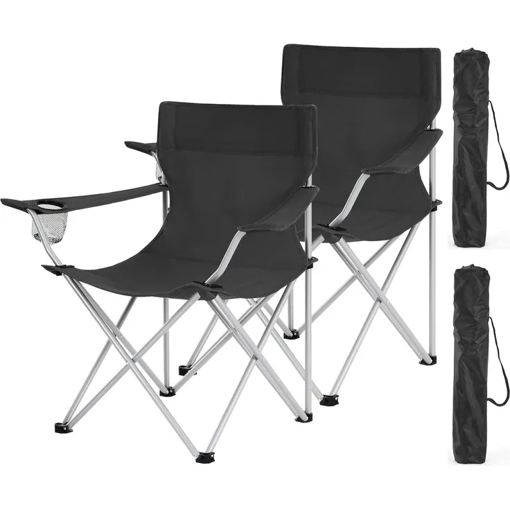 Songmics Campingstuhl mit Transporttasche, klappbar, 2er Set, Eisen / Polyester schwarz, 52 x 84 x 81 cm