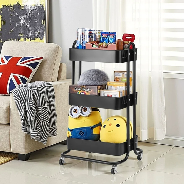 Home Nature Wohnkonzept Küchenrollwagen mit 3 Ebenen Schwarz, platzsparender Rollwagen für Küche, Bad und Haushalt, Schwarz, 80 × 40 × 44 cm – Bild 5