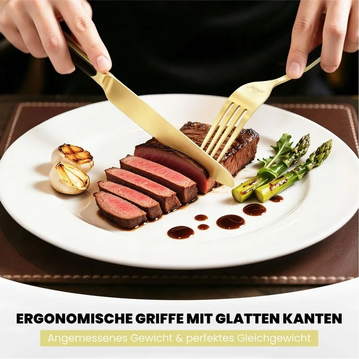 HOMELUX Besteck-Set 24 teilig Essbesteck Set, Edelstahl glänzend,ergonomisch,elegante Gold, 6 Personen, Edelstahl,Titan-Beschichtung,Matt poliert,hochwertiger Besteckkasten – Bild 2