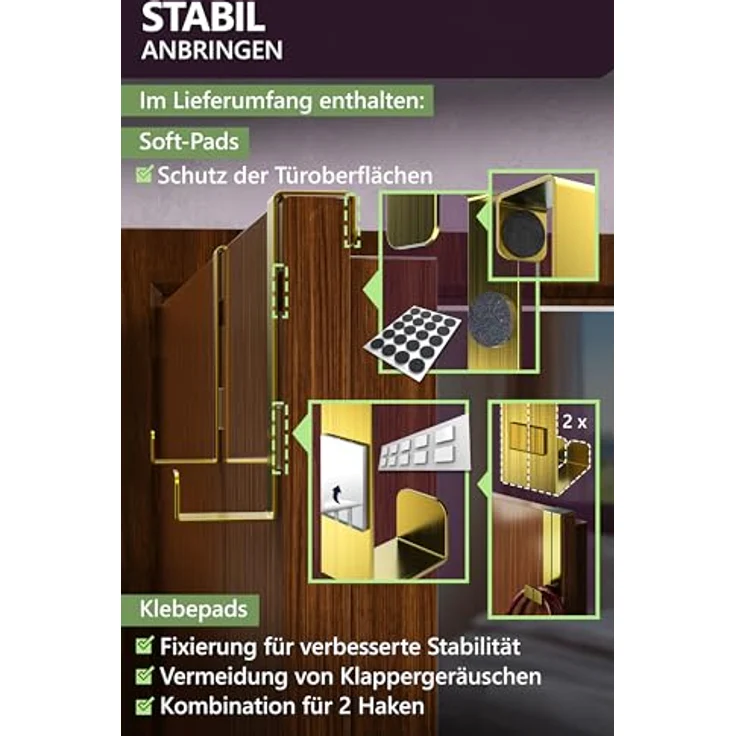 4smile Türhaken zum Einhängen - 10er Set, Fb. Gold - Edelstahl Kleiderhaken Tür für die ganze Wohnung, flexible Haken zum Einhängen, belastbare Türhakenleiste, universelle Türgarderobe – Bild 7