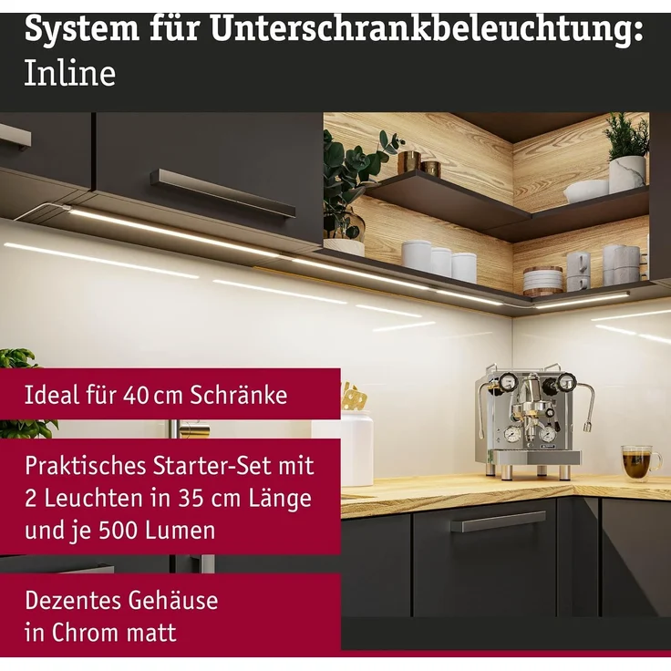LED Unterschrankleuchte Inline Starterset 3000K dimmbar 2x4W 350x26mm 2x350lm 230/24V Chrom matt – Bild 2