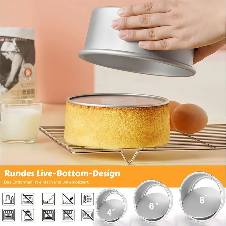 BlingBin Springform Kuchenform Rund 3-Teil-Set, Backform aus Eloxiertem Aluminium, (3er Set 3-tlg), Obstkuchenform mit Abnehmbarer Bodenplatte für Tortenschichten