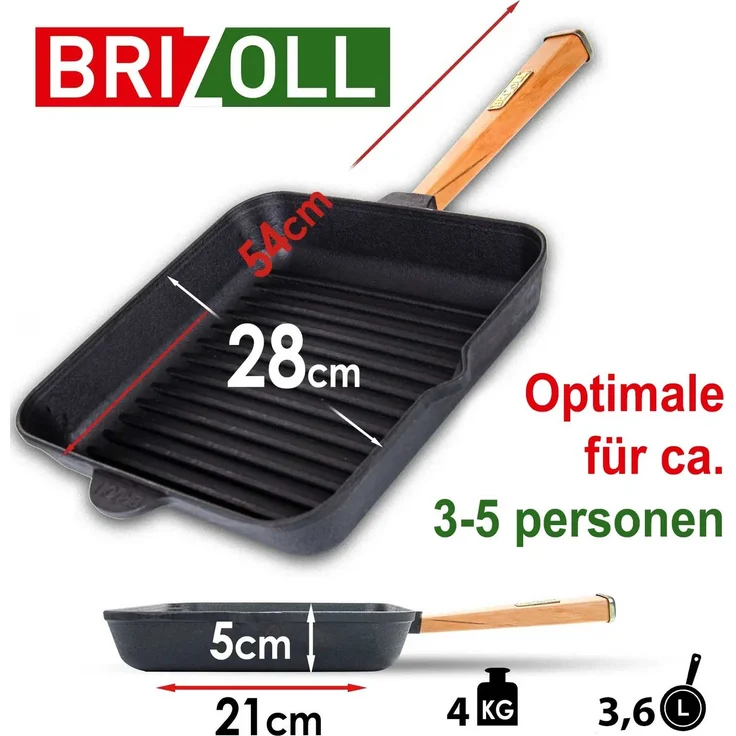 28cm Gusseisen Grillpfanne Holzgriff Pressdeckel Bratpfanne Pfanne Feuerpfanne Pfannenwender Induktion – Bild 3
