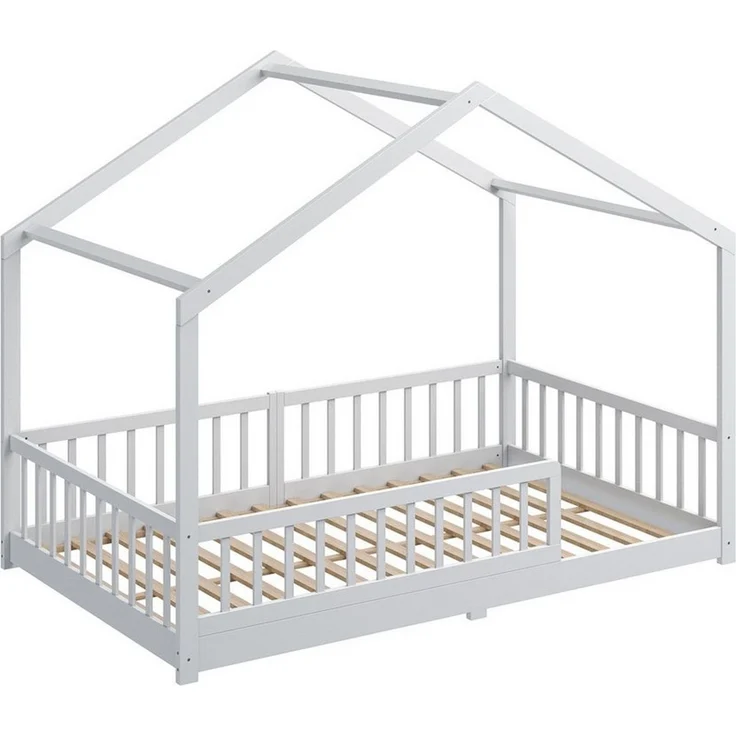 CADANI Kinderbett Malte Bodenbett Hausbett weiß (Rausfallschutz abnehmbar), Bodenbett Hausbett mit Roll-Lattenrost – Bild 2