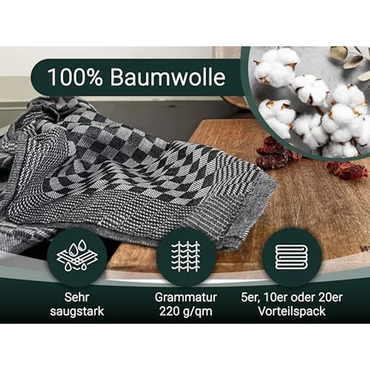 ZOLLNER 20er Set Geschirrtücher Baumwolle in 46x70 cm - super saugstarke und robuste Küchentücher – waschbar bis 60°C – in schwarz kariert - Gastronomiequalität - Oeko Tex® Zertifiziert – Bild 3