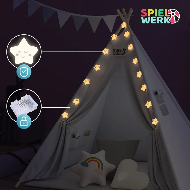 Spielwerk Kindertipi mit Lichterkette, Bodenmatte & Kissen, Baumwolle weiß, 120 x 120 x 160 cm – Bild 6