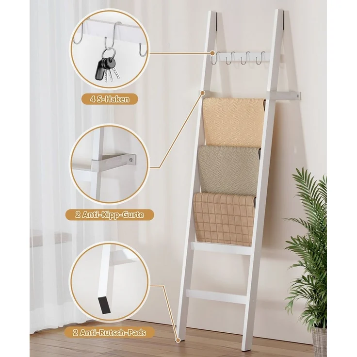 Yorbay Handtuchleiter Handtuchhalter Bambus, 6 Ebenen Leiterregal, 5 Haken und 2 Sicherheitsgurten, 60x170 cm, für Bad, Wohnzimmer – Bild 4
