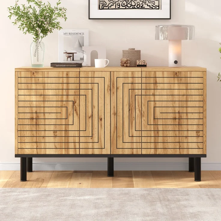 Merax Sideboard mit Wellenmuster, 3 Türen mit Rückprallmechanismus, MDF Aufbewahrungsschrank, Küchenschrank, Aufbewahrungsschrank, Holzfarbe – Bild 1