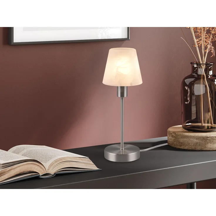 LED Tischleuchte Glasschirm Weiß Sockel Silber - Touch dimmbar, Höhe 32cm