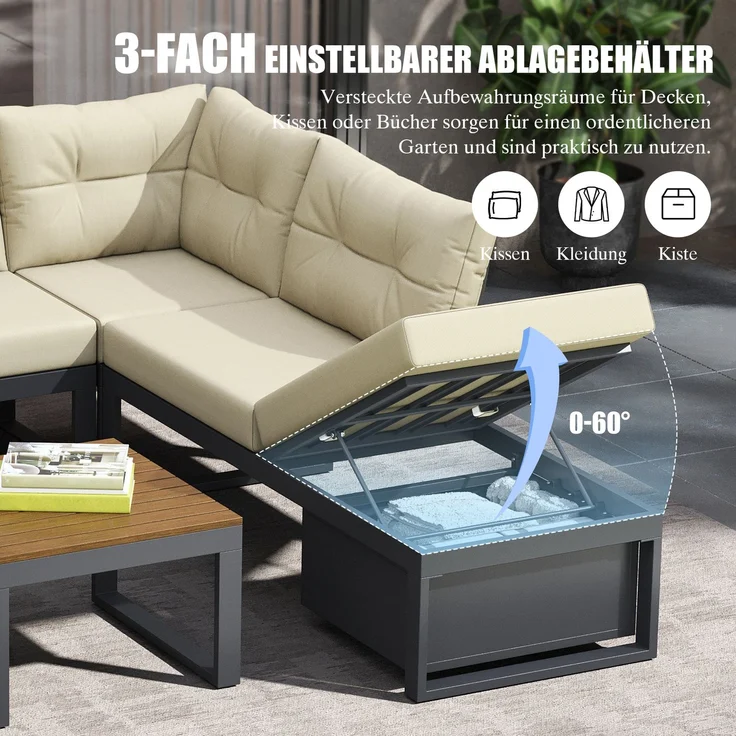 LVHOM Modulares 5-tlg. Gartenmöbel-Set, Gartensofa in L-Form mit verstellbarer Rückenlehne und Stauraum, Wetterfeste Sitzgruppe für Terrasse, Beige – Bild 4