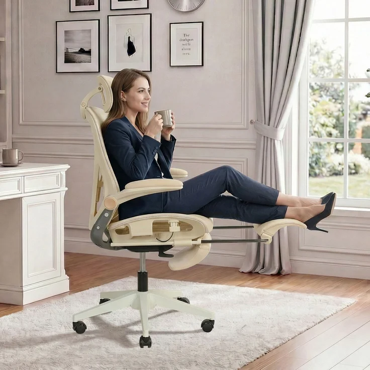 Klappbarer ergonomischer Bürostuhl, kleiner Platz-Klappstuhl mit Taillenstütze, Ganznetzschiebekissen, klappbare Armlehnen, 3D-Kopfstützen und Bürostuhl mit Arbeitspedalen,creme--Creme--129x48.5x62cm--YOUDENOVA – Bild 9