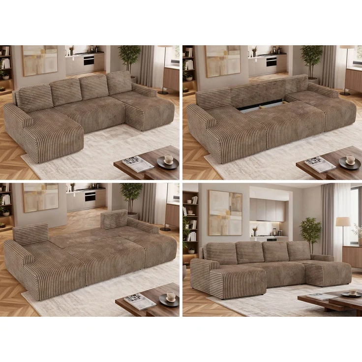 Modernes Familiensofa NESSARO U, Wohnlandschaft U-Form mit Schlaffunktion und Bettkasten, DL-System, lose Kissen, Rückenkissen, Bonellfederkern - Braun Cord – Bild 2