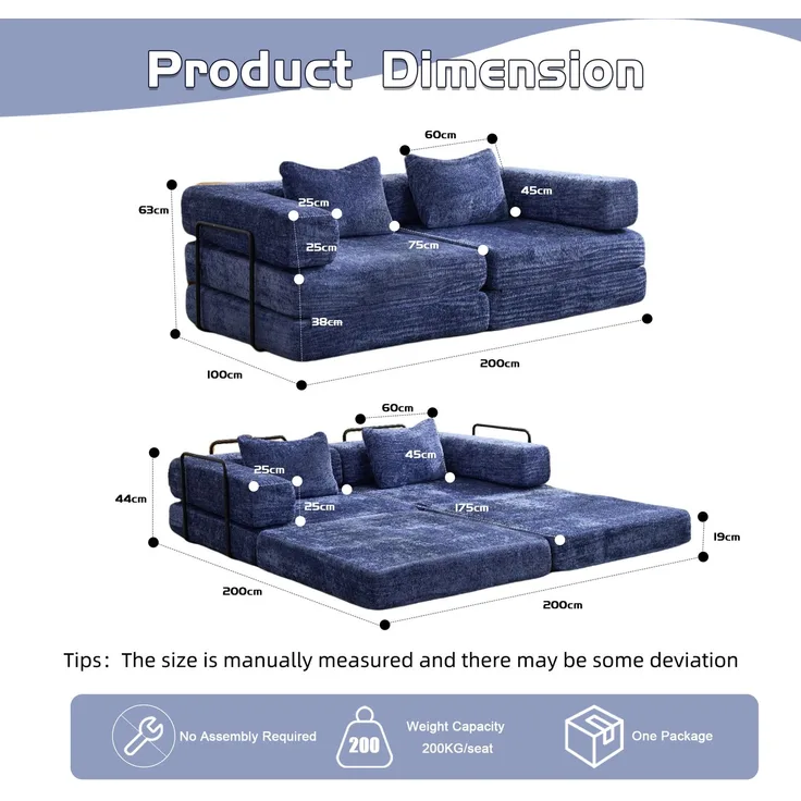 Wohnora-Compression Sofa,Convertible Floor Sofa Bed with Fixed-Shape Frame, Loveseats Boneless Modular Sectional Sofa,No Assembly Required,Chenille fabric,for Living Room Bedroom,Dark Blue,H 63cm x T 200cm x B 100cm,Dunkelblau