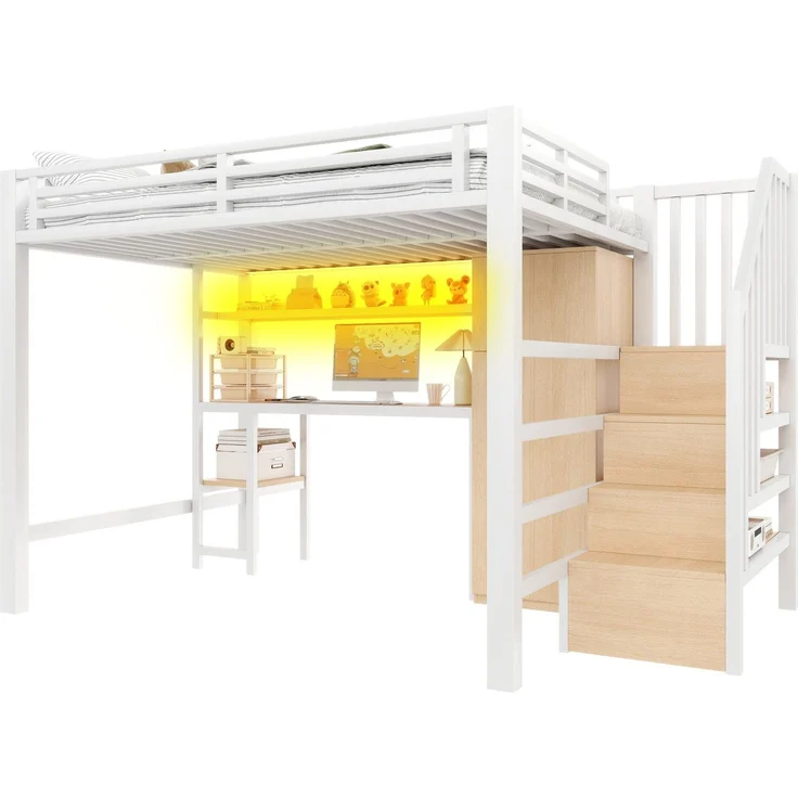 Hochbett mit RGB LED-Streifen, Schreibtisch, Treppe, Regal, Lattenrost und Kleiderschrank, 140x200 cm, Kinderbett mit Rausfallschutz, Metallbett – Bild 5