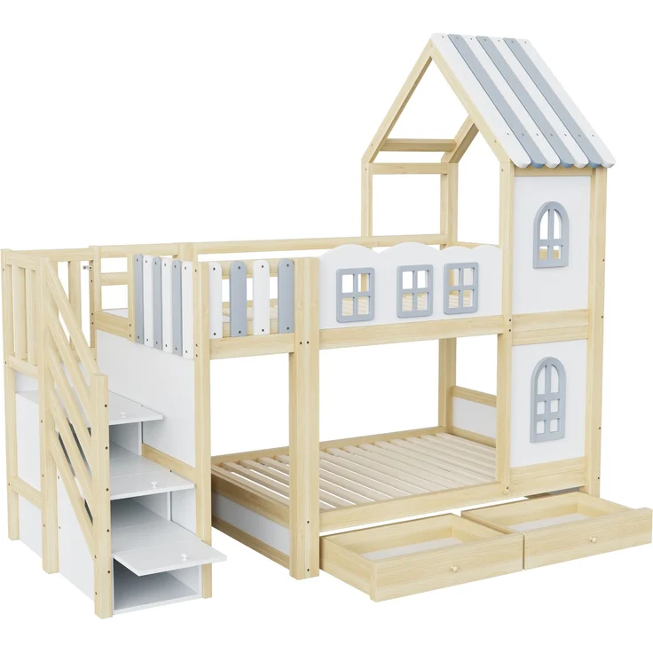 Merax Etagenbett 90 x 200 cm, Kinderbett, Jugendbett, Mit Bettgitter in Wolkenform, Dachkonstruktion Mit Fenstern, Stauraumleiter, Regalen und Schubladen, Kinderbett aus Holz, Weiß – Bild 8